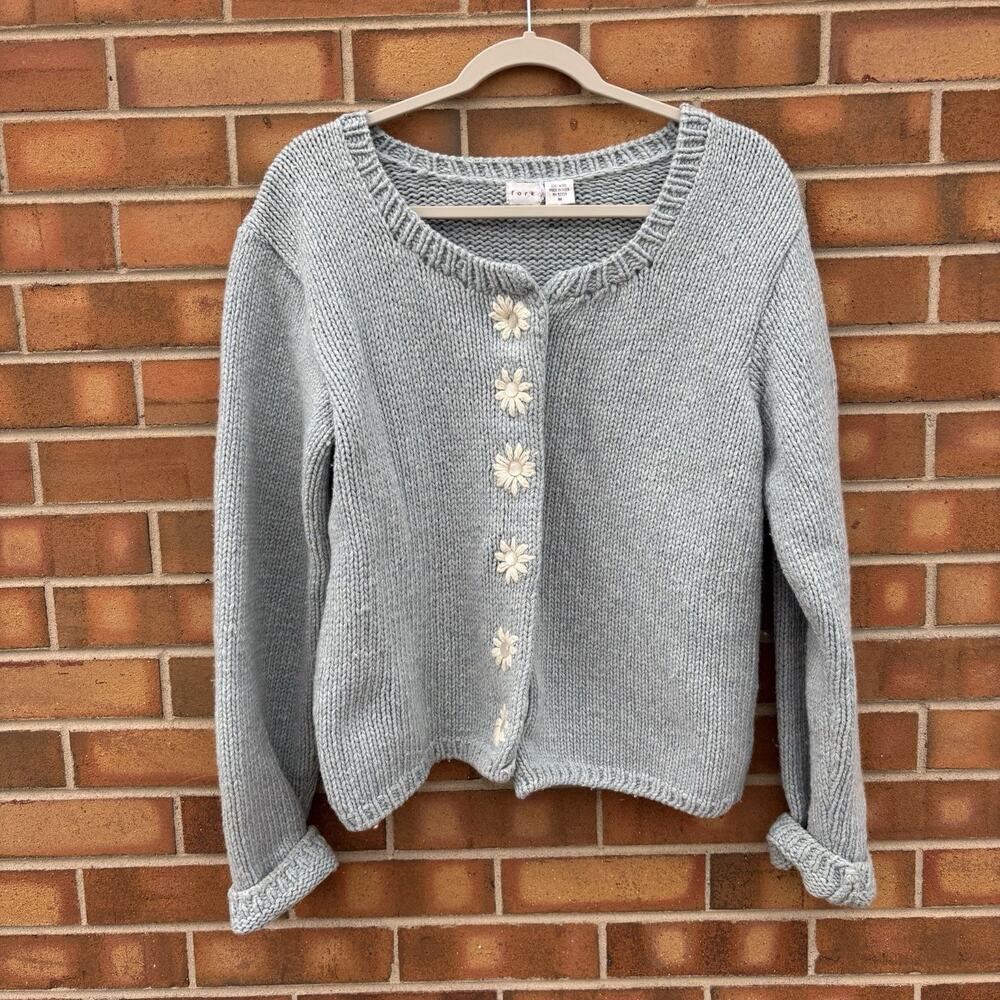Fork Womens Medium Flower Button Wool Knit Cardigan Sweater Blue Flaws